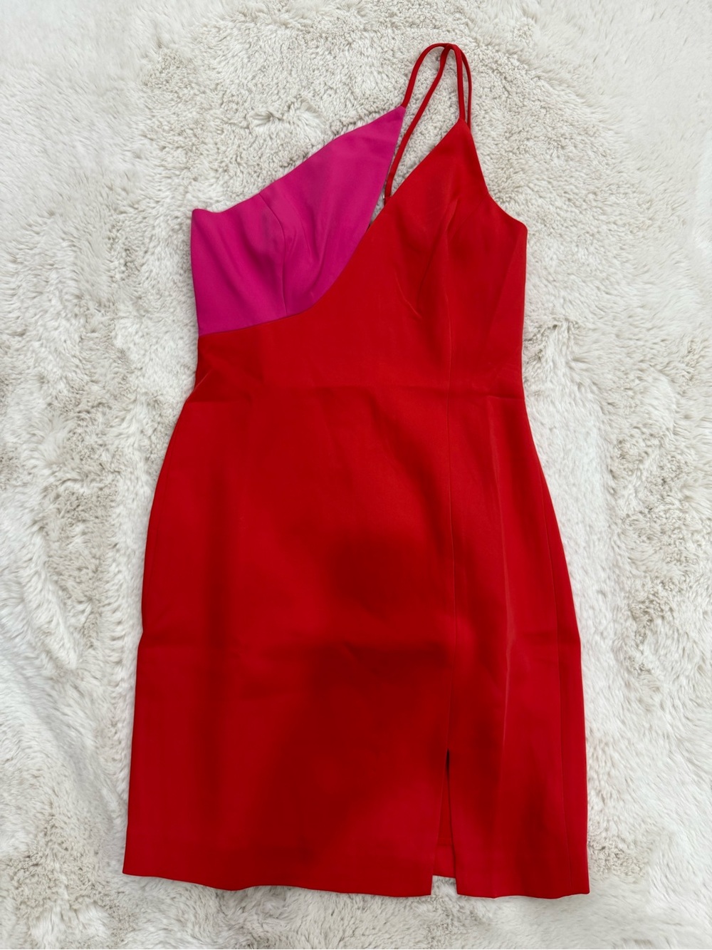 BCBGMaxAzria Red and Pink One-Shoulder Colorblock Mini Dress - Picture 4 of 9
